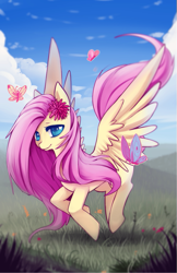 Size: 495x765 | Tagged: safe, artist:mousu, character:fluttershy, butterfly, female, flower, looking at you, solo, spread wings, wings