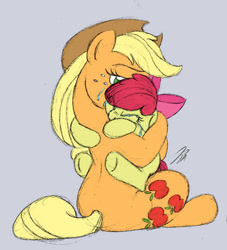 Size: 414x455 | Tagged: safe, artist:rannva, character:apple bloom, character:applejack, species:earth pony, species:pony, adorabloom, colored sketch, comforting, crying, cute, female, four-limbed hug, hug, jackabetes, sad, sadorable, sisters