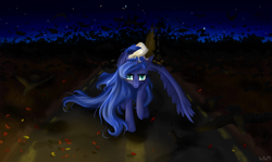 Size: 3000x1793 | Tagged: safe, artist:holka13, character:princess luna, species:alicorn, species:bird, species:pony, species:raven, albino, ear fluff, female, frown, glare, lidded eyes, missing accessory, night, raised hoof, solo, street