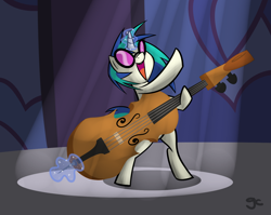 Size: 1238x985 | Tagged: safe, artist:grilledcat, character:dj pon-3, character:vinyl scratch, species:pony, species:unicorn, bipedal, cello, female, glowing horn, magic, musical instrument, solo, sunglasses, telekinesis