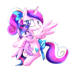 Size: 976x931 | Tagged: safe, artist:kaji-tanii, character:princess cadance, character:twilight sparkle, species:pony, filly, filly twilight sparkle, foalsitter, holding a pony, redraw, simple background, teen princess cadance, transparent background, younger