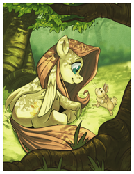 Size: 900x1164 | Tagged: safe, artist:frostadflakes, character:fluttershy, species:pegasus, species:pony, species:rabbit, g4, animal, dappled sunlight, eye contact, female, forest, looking at each other, mare, prone, smiling, tree