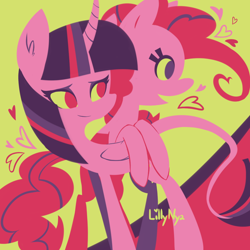 Size: 900x900 | Tagged: safe, artist:lillynya, character:pinkie pie, character:twilight sparkle, character:twilight sparkle (alicorn), species:alicorn, species:classical unicorn, species:pony, ship:twinkie, female, leonine tail, lesbian, limited palette, mare, shipping