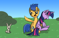 Size: 1024x661 | Tagged: safe, artist:mindofnoodles, character:flash sentry, character:twilight sparkle, character:twilight sparkle (alicorn), species:alicorn, species:pony, species:rabbit, ship:flashlight, angry, eyes closed, female, glare, hug, laughing, male, mare, open mouth, overprotective, protecting, shipping, sitting, smiling, straight