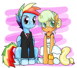 Size: 1732x1536 | Tagged: safe, artist:claireannecarr, character:applejack, character:rainbow dash, ship:appledash, alternate hairstyle, appleblitz (straight), applejack also dresses in style, blitzabetes, bracelet, clothing, cute, cutie mark necklace, dress, earring, female, half r63 shipping, jewelry, lipstick, looking at you, male, marriage, necklace, rainbow blitz, rule 63, rule63betes, shipping, sideburns, straight, suit, tuxedo, wedding, wedding dress, wedding veil