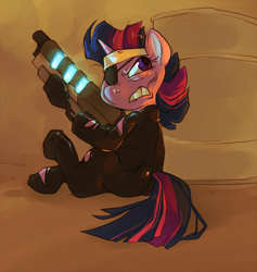 Size: 600x634 | Tagged: safe, artist:frostadflakes, character:twilight sparkle, species:pony, species:unicorn, barrel, energy weapon, eyepatch, female, future twilight, gun, hoof hold, hooves, horn, lip bite, mare, plasma rifle, scared, solo, weapon