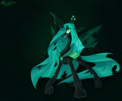 Size: 800x661 | Tagged: safe, artist:frostadflakes, character:queen chrysalis, species:changeling, changeling queen, fangs, female, glow, hair over one eye, smiling, solo, standing