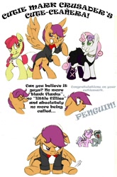 Size: 831x1260 | Tagged: safe, artist:rannva, character:apple bloom, character:diamond tiara, character:scootaloo, character:silver spoon, character:sweetie belle, clothing, dress, glasses, suit, suitaloo, tuxedo