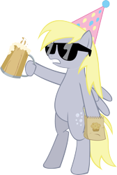 Size: 3967x5893 | Tagged: safe, artist:the-crusius, character:derpy hooves, species:pony, absurd resolution, bag, bipedal, cider, clothing, cup, drink, hat, muffin, mug, paper bag, party hat, simple background, sunglasses, transparent background, vector