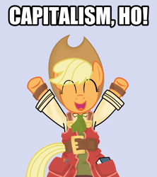 Size: 800x900 | Tagged: safe, artist:smile, character:applejack, species:pony, bipedal, capitalism, clothing, crossover, female, recette, recettear, simple background, solo