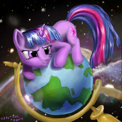 Size: 1000x1000 | Tagged: safe, artist:hereticalrants, character:twilight sparkle, character:twilight sparkle (unicorn), species:pony, species:unicorn, episode:secret of my excess, g4, my little pony: friendship is magic, cute, female, frown, glare, globe, mare, scene interpretation, solo, space, twilight cat