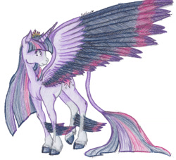 Size: 1024x931 | Tagged: safe, artist:rarityforever, character:twilight sparkle, character:twilight sparkle (alicorn), species:alicorn, species:classical unicorn, species:pony, cloven hooves, colored fetlocks, colored wings, female, leonine tail, mare, multicolored wings, older, realistic horse legs, solo, traditional art