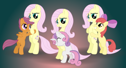 Size: 4400x2400 | Tagged: safe, artist:odooee, character:apple bloom, character:fluttershy, character:scootaloo, character:sweetie belle, species:earth pony, species:pegasus, species:pony, species:unicorn, cutie mark crusaders, female, filly, hug, mare, multeity
