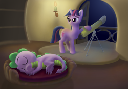 Size: 2649x1857 | Tagged: safe, artist:odooee, character:spike, character:twilight sparkle, sleeping, telescope
