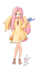 Size: 1233x2151 | Tagged: safe, artist:angriestangryartist, edit, character:angel bunny, character:fluttershy, species:bird, species:human, anime, blushing, clothing, dress, humanized, sandals, winged humanization