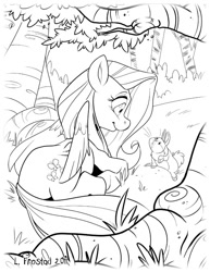 Size: 500x647 | Tagged: safe, artist:frostadflakes, character:fluttershy, animal, female, lineart, monochrome, solo, tree