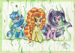 Size: 3507x2480 | Tagged: safe, artist:pumpkinkikile, character:adagio dazzle, character:aria blaze, character:sonata dusk, species:pony, equestria girls:rainbow rocks, g4, my little pony: equestria girls, my little pony:equestria girls, amulet, cutie mark, equestria girls ponified, evil, evil grin, female, gem, glasses, grin, jewelry, mare, negative energy, ponified, siren gem, smiling, the dazzlings, traditional art, trio