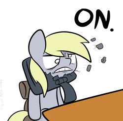 Size: 3400x3335 | Tagged: safe, artist:wonder-waffle, character:derpy hooves, species:pegasus, species:pony, angry, computer, derp, female, frown, glare, gritted teeth, headbutt, high res, mare, no, on, reaction image, screen punch, solo, violence, wide eyes, yes