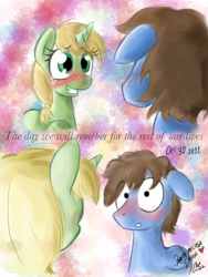 Size: 1536x2048 | Tagged: safe, artist:claireannecarr, oc, oc:claire anne carr, oc:la-monge, species:pegasus, species:pony, species:unicorn, abstract background, blushing, cute, eye contact, female, grin, heart, looking at each other, love, male, mare, raised hoof, smiling, squee, stallion, wide eyes