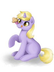 Size: 600x800 | Tagged: safe, artist:amenoo, character:dinky hooves, species:pony, species:unicorn, eyes on the prize, female, filly, mlem, muffin, raised hoof, signature, silly, simple background, sitting, solo, tongue out, transparent background