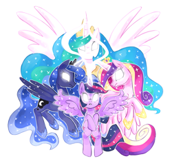 Size: 1807x1741 | Tagged: safe, artist:kaji-tanii, character:princess cadance, character:princess celestia, character:princess luna, character:twilight sparkle, character:twilight sparkle (alicorn), species:alicorn, species:pony, alicorn tetrarchy, female, glowing eyes, mare, simple background, spread wings, transparent background, wings