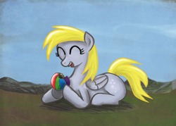 Size: 1000x715 | Tagged: safe, artist:sevoohypred, character:derpy hooves, species:pegasus, species:pony, ball, eating, female, mare