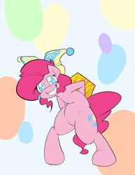 Size: 2587x3348 | Tagged: safe, artist:graphic-lee, character:pinkie pie, species:earth pony, species:pony, bipedal, both cutie marks, clothing, fantasy class, female, grin, hat, jester, jester hat, jester pie, looking at you, mare, solo