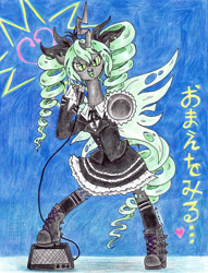 Size: 2143x2798 | Tagged: safe, artist:oriwhitedeer, character:queen chrysalis, species:pony, bipedal, boots, crossover, female, hatsune miku, solo, traditional art, vocaloid