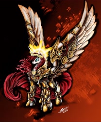 Size: 3704x4449 | Tagged: safe, artist:europamaxima, oc, oc only, oc:fausticorn, species:alicorn, species:pony, absurd resolution, armor, big wings, empress, female, god empress of ponykind, god-emperor of mankind, laurel wreath, lauren faust, mare, power armor, powered exoskeleton, purity seal, red background, simple background, solo, spread wings, warhammer (game), warhammer 40k, wings