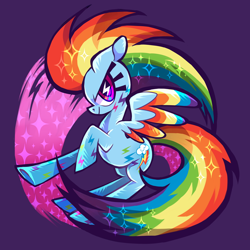 Size: 1000x1000 | Tagged: safe, artist:kunaike, character:rainbow dash, species:pegasus, species:pony, episode:twilight's kingdom, g4, my little pony: friendship is magic, colored wings, female, multicolored wings, profile, purple background, rainbow power, rainbow power-ified, simple background, solo, welovefine, wingding eyes, wings