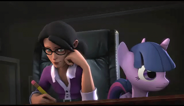 Size: 640x368 | Tagged: safe, artist:ferexes, character:twilight sparkle, character:twilight sparkle (alicorn), species:alicorn, species:human, species:pony, 3d, animated, caught, chair, eye contact, female, gritted teeth, looking away, mare, miss pauling, nervous, peeking, pencil, sitting, smiling, source filmmaker, surprised, team fortress 2, wide eyes, writing