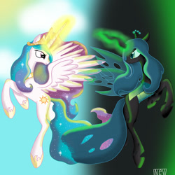 Size: 811x811 | Tagged: safe, artist:nevera573, character:princess celestia, character:queen chrysalis, eye contact, flying, frown, glare, glowing horn, looking back, magic, spread wings, wings