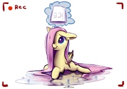 Size: 1000x702 | Tagged: safe, artist:junkiekb, character:fluttershy, species:pegasus, species:pony, cute, female, ice bucket challenge, mare, missing cutie mark, prone, shyabetes, solo, wet mane