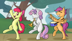 Size: 800x461 | Tagged: safe, artist:bingodingo, character:apple bloom, character:scootaloo, character:sweetie belle, species:pony, baton, bipedal, cute, cutie mark crusaders, drums, horn, marching band, musical instrument, trumpet