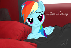 Size: 900x603 | Tagged: safe, artist:dyani-yahto, character:rainbow dash, species:pegasus, species:pony, bed, bedroom eyes, female, good morning, morning, morning ponies, solo