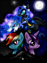 Size: 1224x1632 | Tagged: safe, artist:unitoone, character:nightmare moon, character:nightshade, character:princess luna, character:rainbow dash, character:trixie, character:twilight sparkle, species:alicorn, species:pegasus, species:pony, species:unicorn, clothing, costume, fanfic, fanfic art, female, mare, shadowbolts, shadowbolts costume, the night that never ended