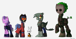 Size: 2624x1368 | Tagged: safe, artist:mechanized515, character:angel bunny, character:gilda, character:screwball, species:griffon, crossover, drax the destroyer, gamora, groot, guardians of the galaxy, ponified, rocket raccoon, solar wind, starlord