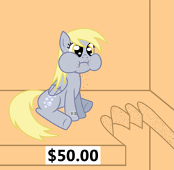 Size: 1177x1148 | Tagged: safe, artist:vincentthecrow, part of a set, character:derpy hooves, species:pegasus, species:pony, aweeg*, barcode, bite mark, bronybait, crumbs, cutie mark, female, gigawat, mare, ponies for sale, price tag, puffy cheeks, solo