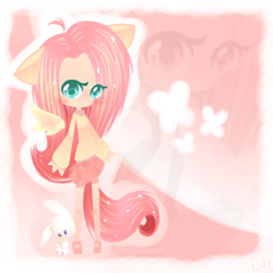 Size: 2000x2000 | Tagged: safe, artist:lillynya, character:angel bunny, character:fluttershy, breasts, clothing, delicious flat chest, eared humanization, flattershy, high res, humanized, skinny, skirt, tailed humanization, winged humanization