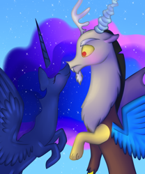 Size: 1000x1200 | Tagged: safe, artist:kkitsu, character:discord, character:princess luna, ship:lunacord, blushing, boop, cute, discute, eyes closed, female, frown, male, missing accessory, noseboop, shipping, smiling, spread wings, straight, wide eyes, wings