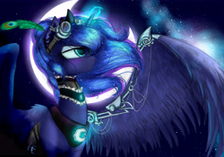 Size: 6874x4816 | Tagged: safe, artist:alicjaspring, character:princess luna, species:alicorn, species:pony, absurd resolution, armor, crescent moon, ear piercing, earring, feather, female, frown, glow, glowing horn, goggles, jewelry, looking up, mare, moon, night, peacock feathers, piercing, sky, solo, sparkles, spread wings, starry night, stars, steampunk, wings