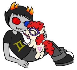 Size: 416x379 | Tagged: safe, artist:darlimondoll, character:twist, species:earth pony, species:pony, candy, candy cane, crossover, duo, female, filly, foal, food, homestuck, male, mouth hold, simple background, sollux captor, troll (homestuck), white background