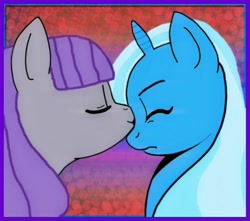 Size: 984x869 | Tagged: safe, artist:kennyklent, character:maud pie, character:trixie, species:pony, species:unicorn, ship:mauxie, female, kissing, lesbian, mare, shipping, trace