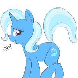 Size: 1000x1000 | Tagged: safe, artist:princesspegansfw, character:trixie, species:pony, species:unicorn, bedroom eyes, explicit source, female, grin, looking at you, mare, raised leg, smiling, solo