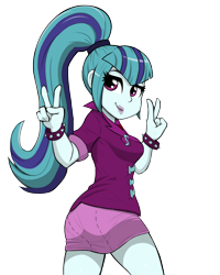 Size: 800x1000 | Tagged: safe, artist:deadsmutanon, artist:livesmutanon, character:sonata dusk, equestria girls:rainbow rocks, g4, my little pony: equestria girls, my little pony:equestria girls, ass, butt, clothing, cute, double peace sign, female, gem, jewelry, looking at you, looking back, looking back at you, miniskirt, necklace, peace sign, ponytail, siren gem, skirt, smiling, solo, sonata donk, sonatabetes, spiked wristband, thighs, wristband