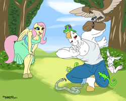 Size: 1100x880 | Tagged: safe, artist:stigma-photon, character:angel bunny, character:bulk biceps, character:fluttershy, character:gummy, species:anthro, species:unguligrade anthro, ship:flutterbulk, female, hawk, lizard, male, shipping, snake, straight