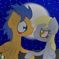 Size: 999x999 | Tagged: safe, artist:mmdfantage, character:derpy hooves, character:flash sentry, species:pegasus, species:pony, blushing, crack shipping, derpsentry, female, hoof hold, male, mare, moon, night, shipping, stars, straight