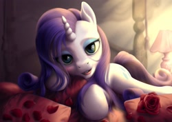 Size: 2631x1860 | Tagged: safe, alternate version, artist:bluespaceling, character:rarity, species:pony, species:unicorn, beautiful, bed, bedroom eyes, detailed, female, mare, pillow, rarity's bedroom, realistic, rose, rose petals