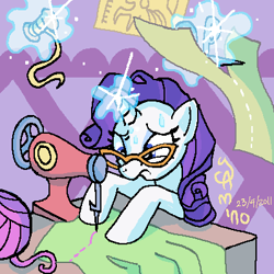 Size: 400x400 | Tagged: safe, artist:yamino, character:rarity, species:pony, species:unicorn, cutting, female, magic, mare, multitasking, rarity's glasses, scissors, sewing machine, solo, stressed, sweat, working