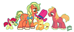 Size: 1104x475 | Tagged: safe, artist:yamino, character:apple bloom, character:applejack, character:big mcintosh, species:earth pony, species:pony, applejack's mom, biting, clothing, colt, female, filly, hat, male, mare, mouth hold, simple background, stallion, tail bite, unshorn fetlocks, young